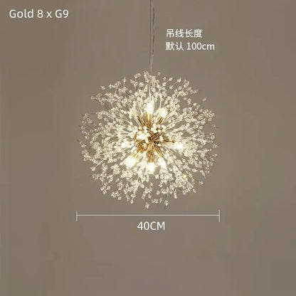 Modern gold dandelion crystal ceiling lamp with multiple light bulbs and crystal accents for dining room decorbites dandelion crystal