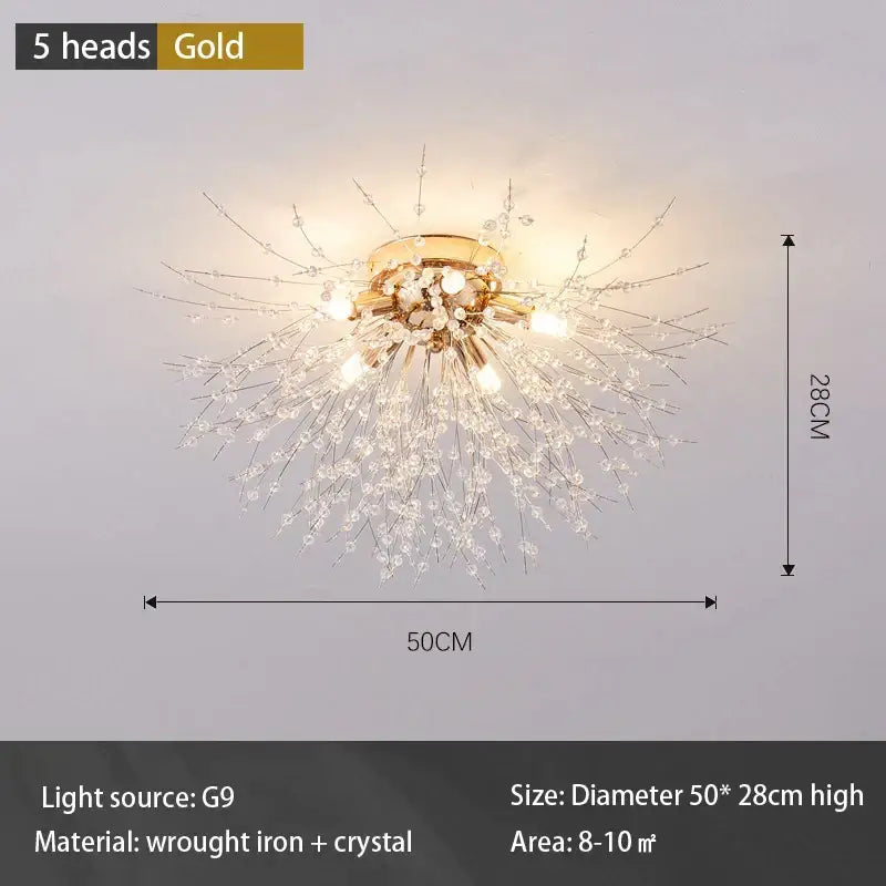 Modern gold dandelion led ceiling light with five radiant heads and crystal strands for living room use