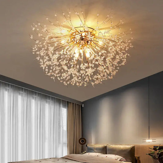 Modern gold dandelion crystal led ceiling light with delicate branches and blossoms for living room ceiling light