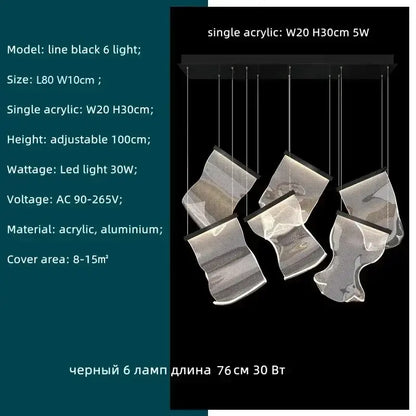 Modern gold decorbites acrylic leaf chandelier with black acrylic wave-shaped pendant lights on aluminum mount for dining room