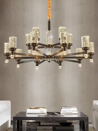 A modern decorbites bubble crystal chandelier with dark metal frame and LED bulbs for elegant living room decor