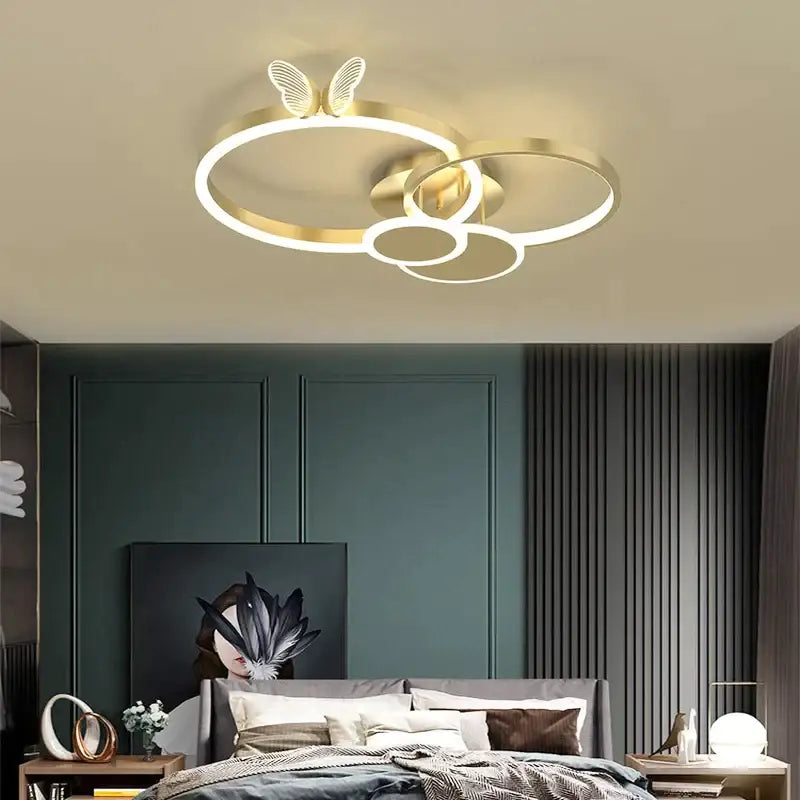 Modern gold decorbites butterfly light round ceiling lamp with illuminated rings and butterfly-shaped accent for living room