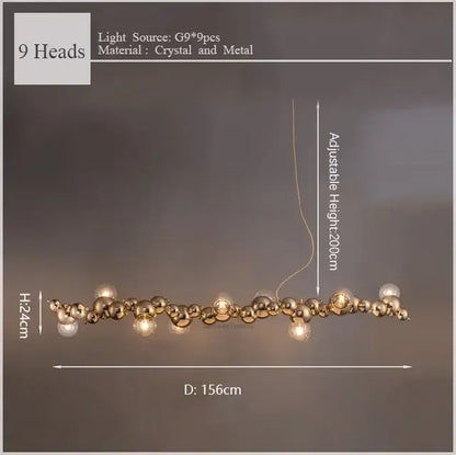 Modern gold decorbites caterpillar metal ball pendant light with nine spherical crystal fixtures for dining room lighting