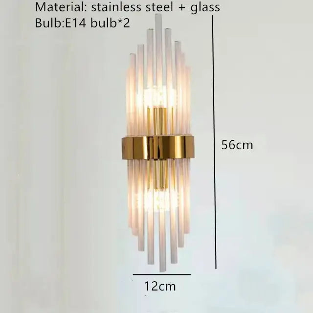 Modern gold decorbites clear crystal led wall lamp with vertical glass rods and stainless steel accents for bedroom use