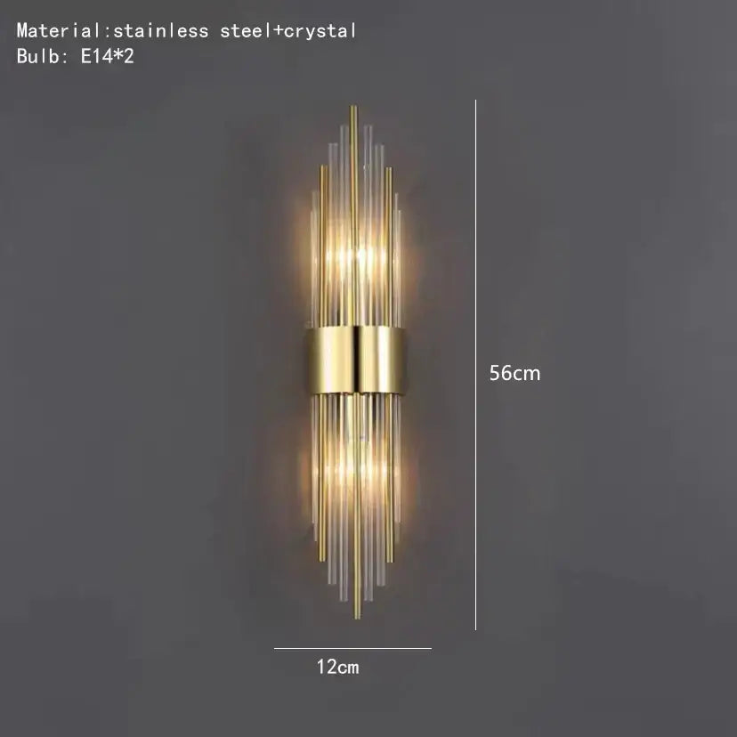 Modern gold wall lamp with vertical stainless steel and decorbites clear crystal led rods for bedroom sconce lighting