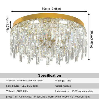 Modern gold decorbites crystal ceiling chandelier with cascading crystal prisms and stainless steel frame for dining room