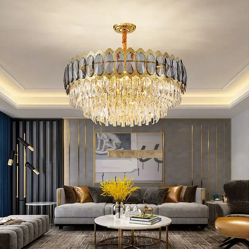 Modern gold decorbites crystal ceiling chandelier with cascading crystal droplets and a faceted glass circular frame