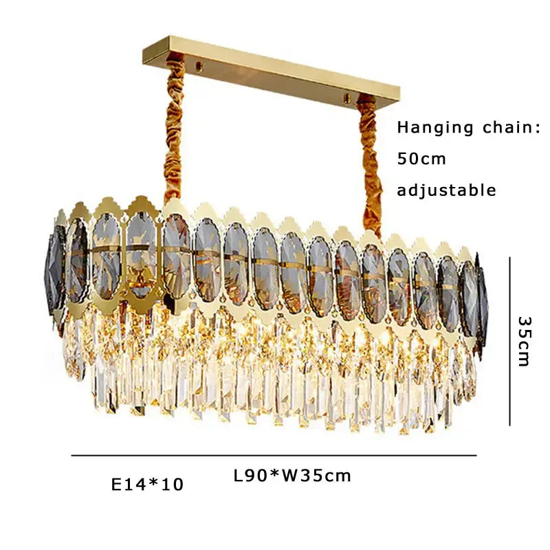 Modern gold decorbites crystal ceiling chandelier with oval gray and clear crystals and cascading droplets for living room