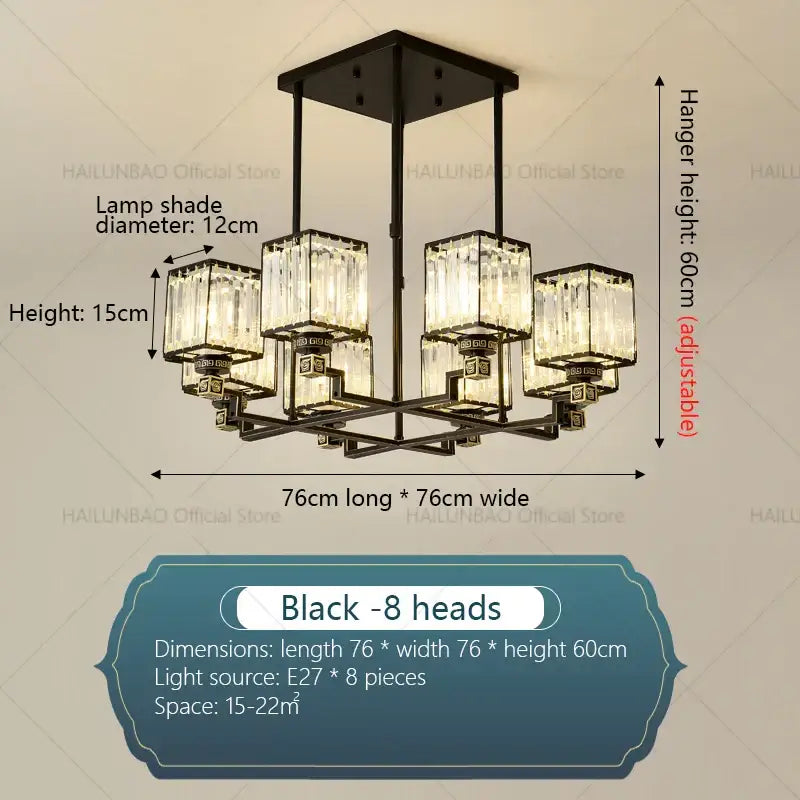 Black metal decorbites crystal chandelier with eight clear crystal lamp shades for modern living room decor
