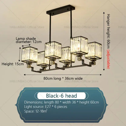 Black metal decorbites crystal chandelier with six rectangular crystal lamp shades for modern living room decor