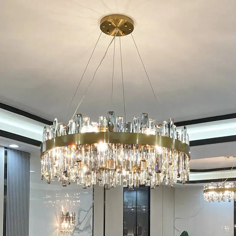 Modern gold decorbites crystal chandelier with cascading clear crystal prisms for living room lighting decor