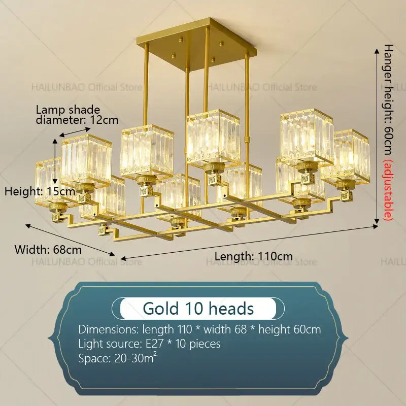 Modern gold decorbites crystal chandelier with ten clear crystal lampshades in a rectangular grid for living room use