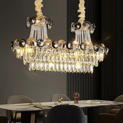 Modern gold decorbites crystal chandelier with two tiers of cascading teardrop crystals for living room lighting