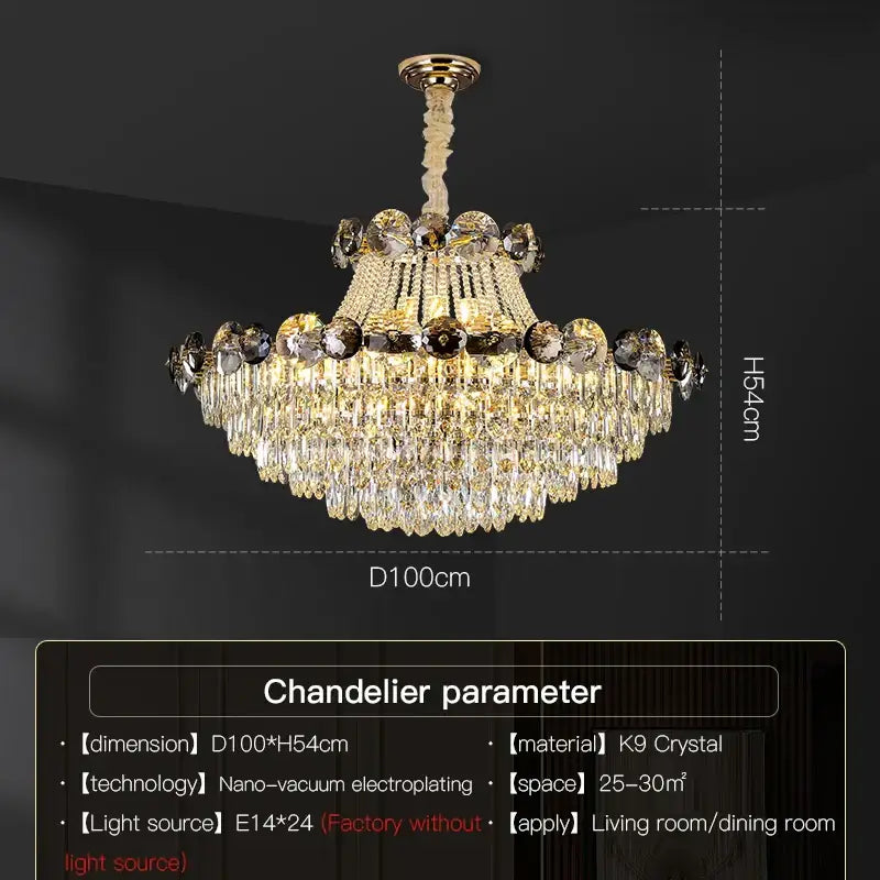Modern gold decorbites crystal chandelier with cascading clear and dark k9 crystals and brass-finished chain for living room