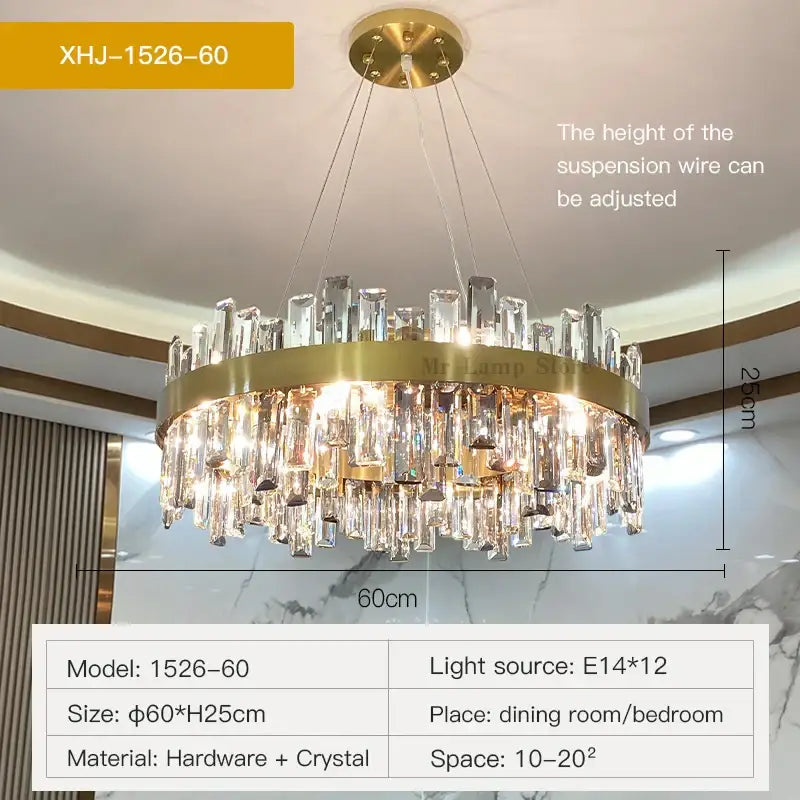 Modern gold decorbites crystal chandelier with cascading crystal prisms and circular brass frame for living room