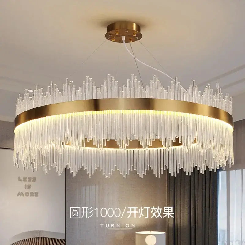 Modern gold decorbites crystal chandelier with cascading clear glass tubes for elegant living room lighting