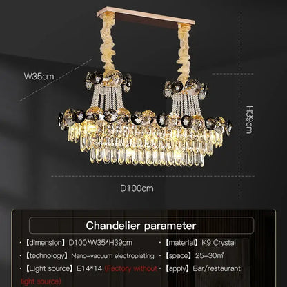 Modern gold decorbites crystal chandelier with cascading teardrop and spherical crystals on rose gold frame for living room
