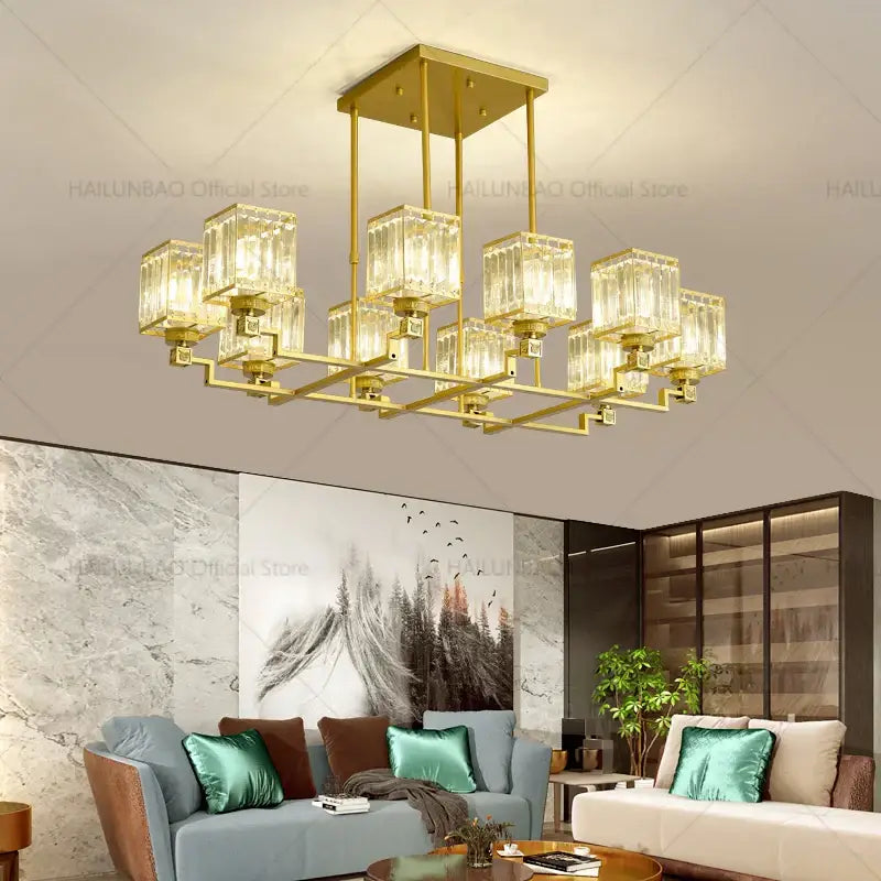 Modern gold decorbites crystal chandelier with clear rectangular shades in geometric grid pattern for living room