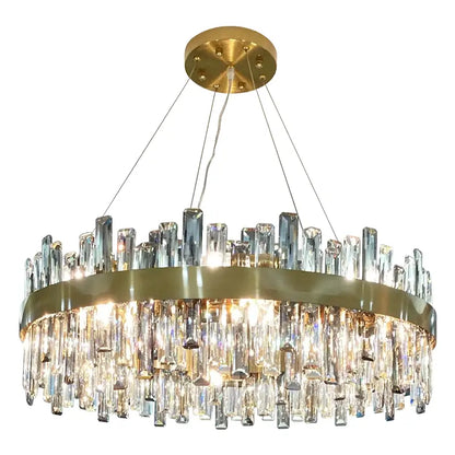 Modern gold decorbites crystal chandelier with cascading clear crystal prisms and circular brass frame for living room