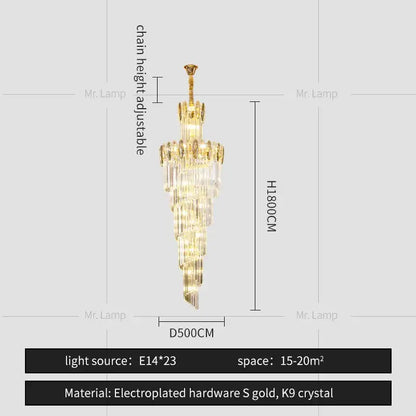 Modern gold decorbites crystal chandelier with gold electroplated finish and cascading k9 crystal tiers for staircase