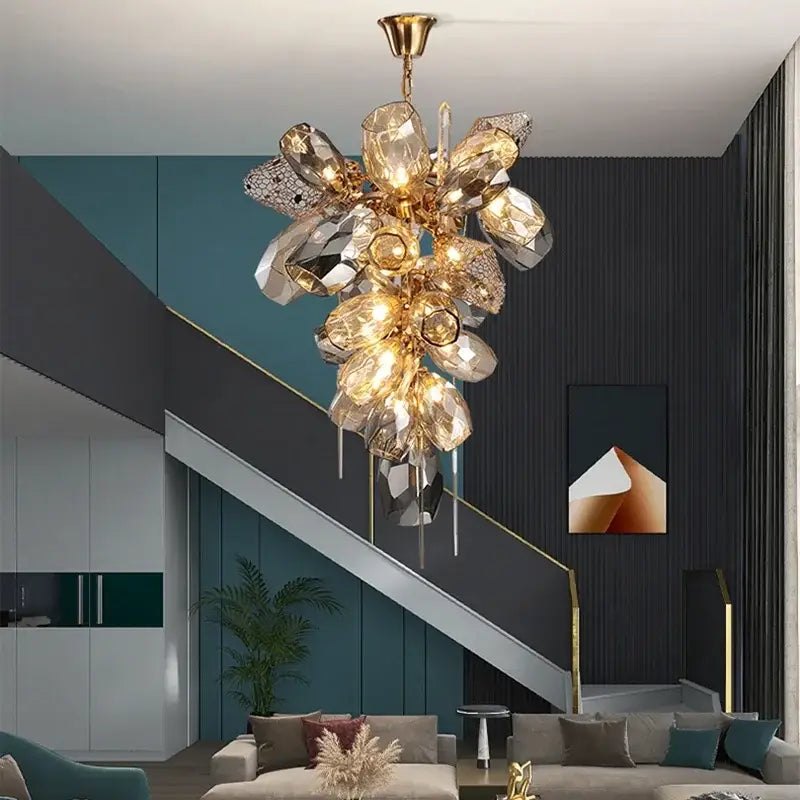 Modern gold decorbites crystal duplex chandelier with faceted crystal elements and metallic accents for living room