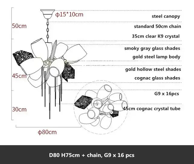 Modern gold decorbites crystal duplex chandelier with gold steel body and cognac crystal tubes floral design for living room