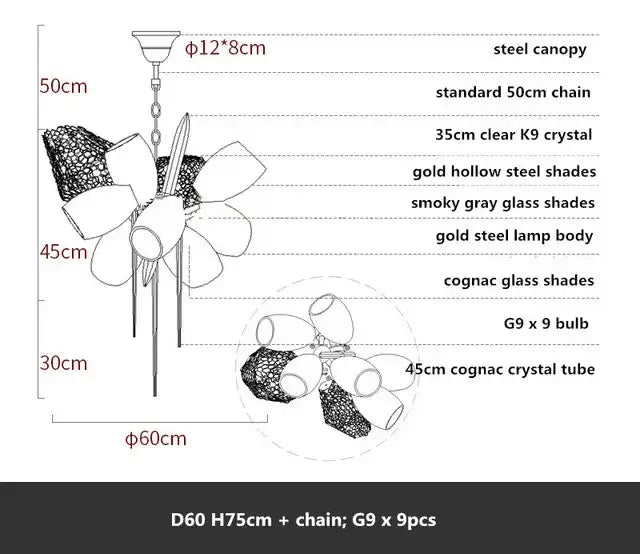 Modern gold decorbites crystal duplex chandelier with steel canopy gold and smoky gray glass shades on 50cm chain