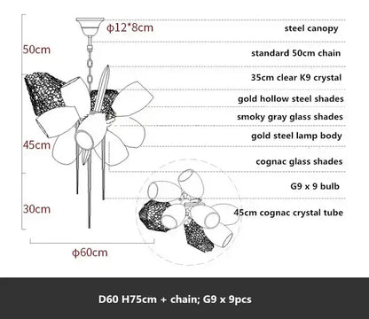 Modern gold decorbites crystal duplex chandelier with steel canopy gold and smoky gray glass shades on 50cm chain