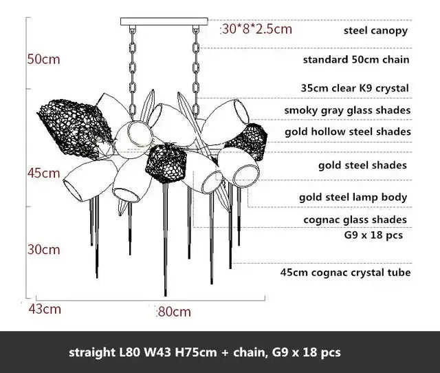 Modern gold decorbites crystal duplex chandelier with steel canopy and smoky glass shades for living room lighting