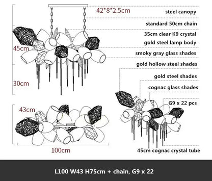 Modern gold decorbites crystal duplex chandelier with smoked gray cognac glass shades and clear k9 crystal accents