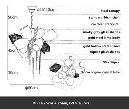 Modern gold decorbites crystal duplex chandelier with gold steel body smoky gray glass and 16 cognac crystal tubes