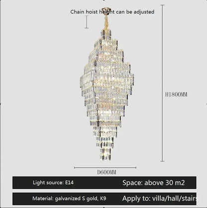 Elegant modern gold decorbites crystal large chandelier with clear prisms and metal frame for staircase pendant lighting