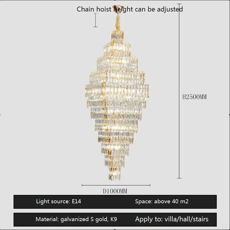 Modern gold decorbites crystal large chandelier with clear crystal prisms in a tiered frame for staircase lighting
