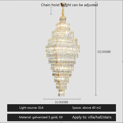 Modern gold decorbites crystal large chandelier with clear crystal prisms in a tiered frame for staircase lighting
