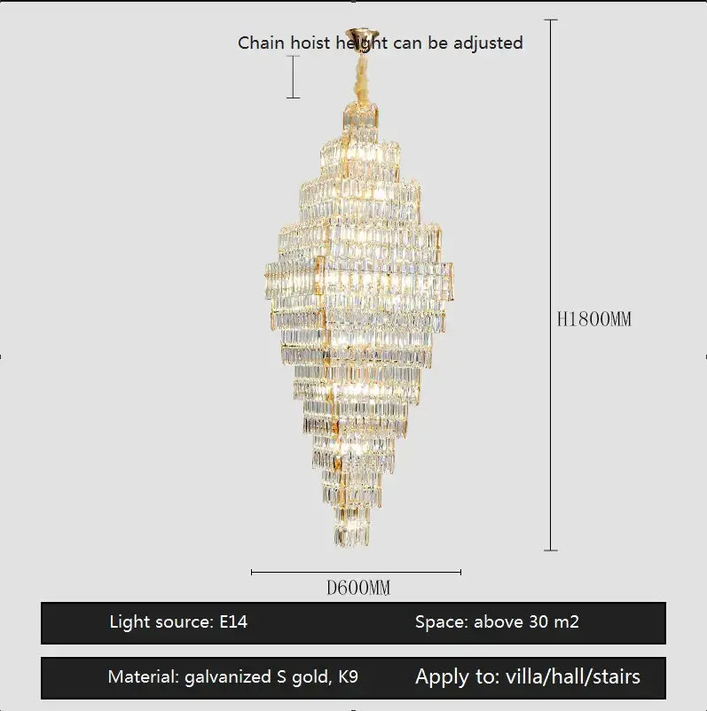 Modern gold decorbites crystal large chandelier with cascading clear crystal prisms in a k9 frame for staircase pendant light