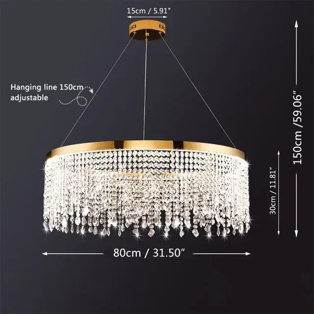Modern gold decorbites crystal led ceiling chandelier with gold-toned circular frame and cascading clear crystal droplets