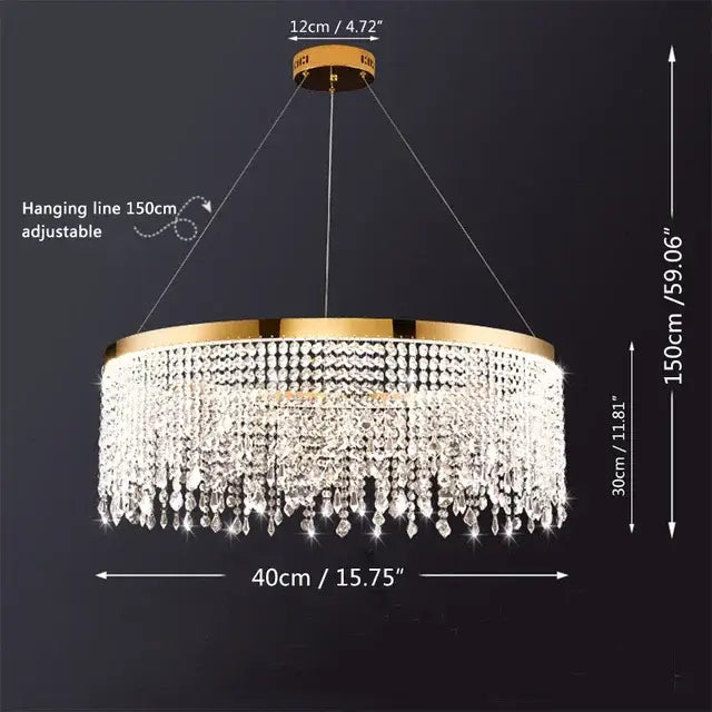 Modern gold decorbites crystal led ceiling chandelier with gold-toned circular frame and cascading clear crystal beads for dining room