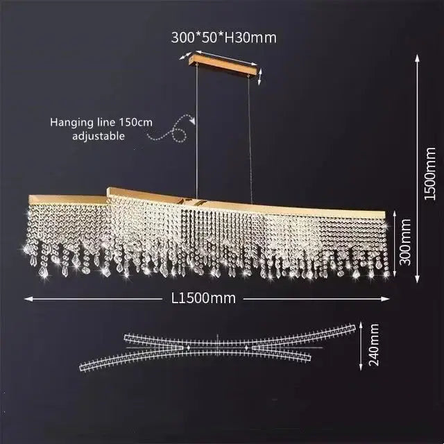 Modern gold decorbites crystal led rectangular chandelier with cascading crystal beads and wooden top frame for dining room