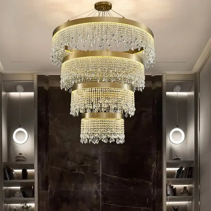 Modern gold decorbites crystal led multi-tiered chandelier with clear crystal droplets for dining room ceiling decorbites crystal led