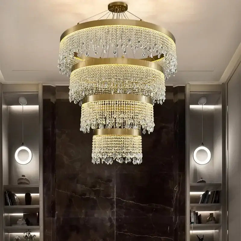 Modern gold decorbites crystal led multi-tiered chandelier with clear crystal droplets for dining room ceiling decorbites crystal led