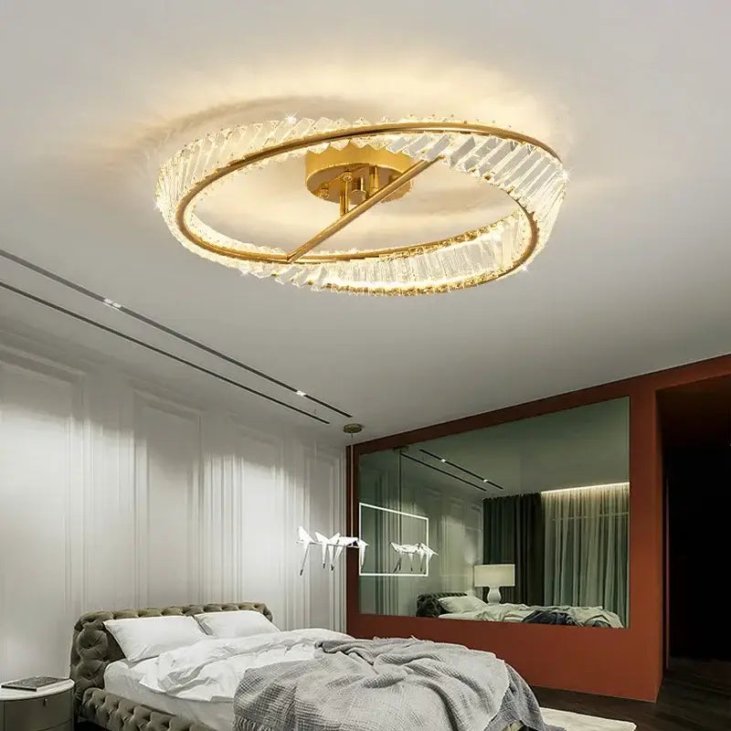 Modern gold decorbites crystal led circular ceiling light with two concentric faceted crystal rings for dining room
