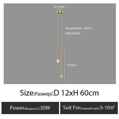 Modern gold decorbites crystal led pendant light with two crystal accents and adjustable hanging wire for bedroom
