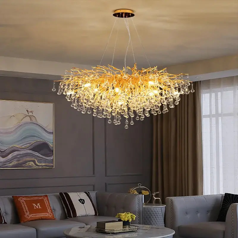 Modern gold decorbites crystal led chandelier with golden branch design and dangling crystal droplets for dining room light