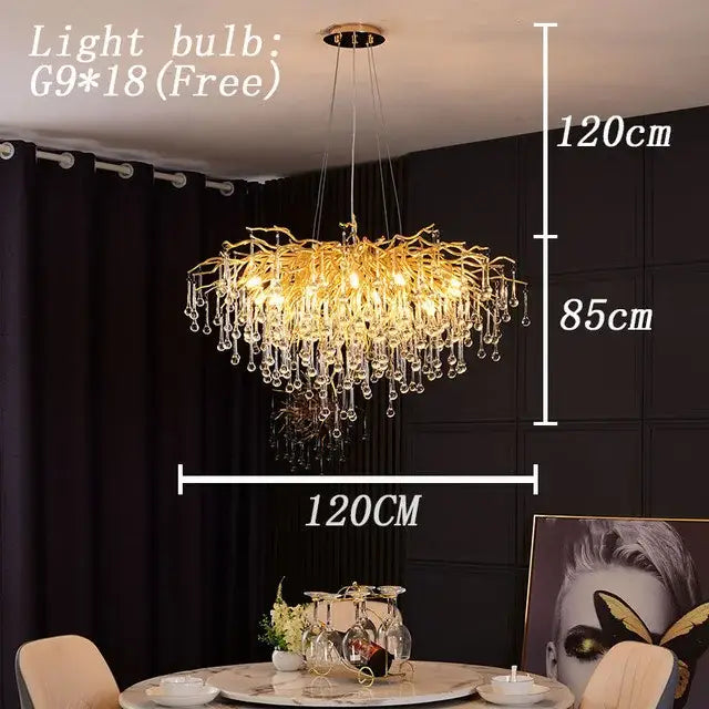 Modern gold decorbites crystal led chandelier featuring golden branch design with dangling crystal droplets for dining room lighting