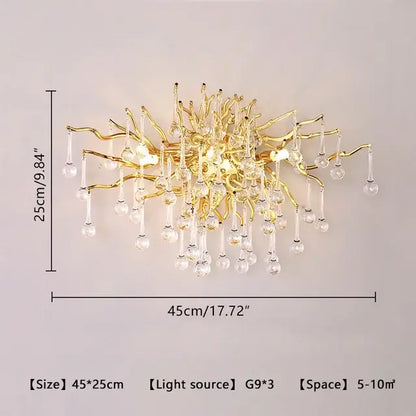 Modern gold decorbites crystal led chandelier with intricate branching arms and dangling crystal droplets for dining room light