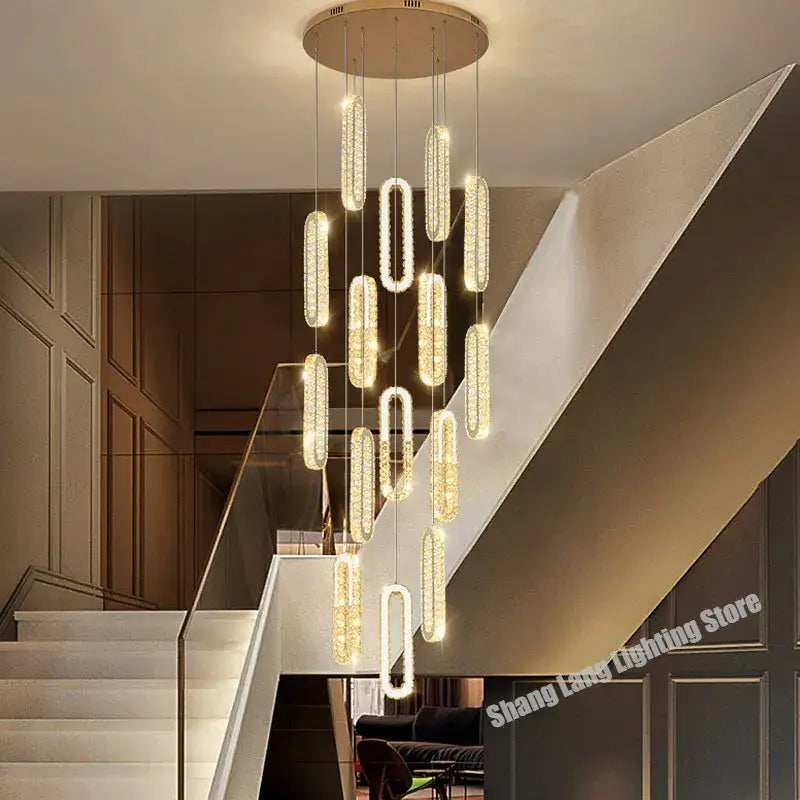 Modern gold decorbites crystal led chandelier with oval glass elements and circular mount for living room staircase lighting