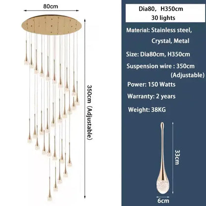 Modern gold decorbites crystal led chandelier with circular stainless steel top and 25 teardrop crystal lights hanging