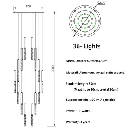Modern gold decorbites crystal led chandelier with 36 lights, circular aluminum frame, and stainless steel accents for living room