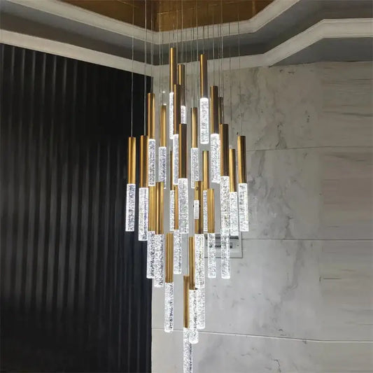 Modern gold decorbites crystal led chandelier with cascading cylindrical clear crystal lights for staircase living room