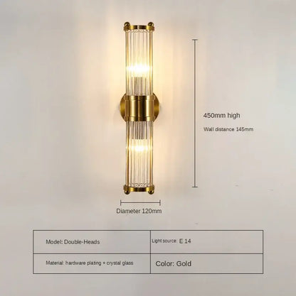 Modern gold decorbites crystal led wall lights featuring double-headed sconces with vertical crystal glass rods
